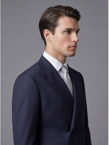 Lacivert Sivri Yaka Yünlü Kruvaze Takım Elbise