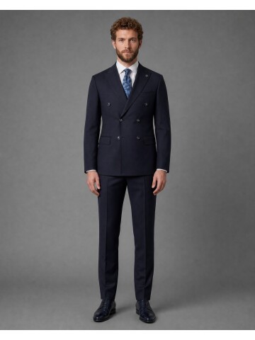 Navy Blue Peak Lapel Double Breasted Suit