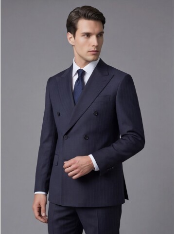 Lacivert Sivri Yaka Yünlü Kruvaze Takım Elbise