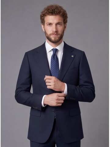 Lacivert Slim Fit Mono Yaka 2 Düğmeli Takım Elbise