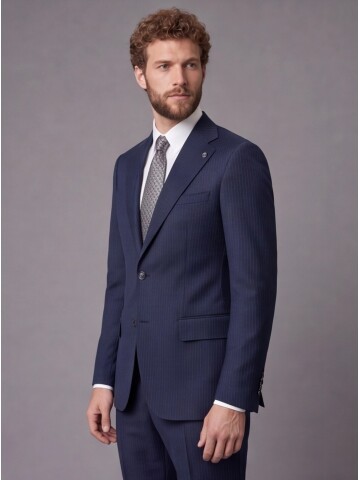 Lacivert Slim Fit Mono Yaka 2 Düğmeli Takım Elbise