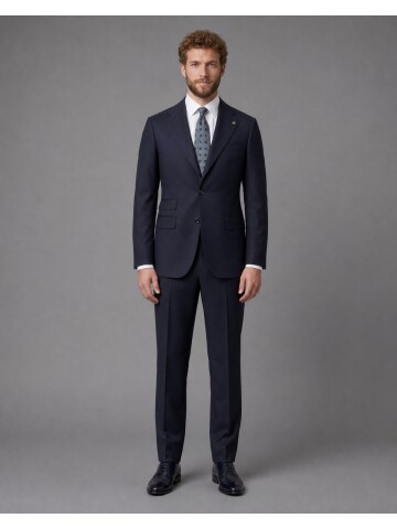 Lacivert Slim Fit Mono Yaka 2 Düğmeli Takım Elbise