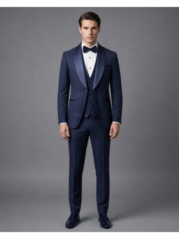 Navy Blue Slim-Fit Shawl Collar Grooms Suit with Chain Button