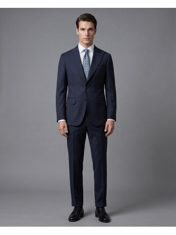 Lacivert Yünlü Sivri Yaka Comfort Fit Takım Elbise