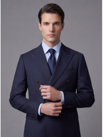 Lacivert Yünlü Sivri Yaka Kruvaze Comfort Fit Takım Elbise