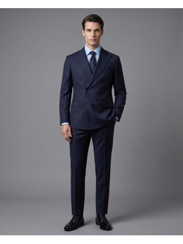 Lacivert Yünlü Sivri Yaka Kruvaze Comfort Fit Takım Elbise