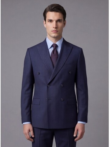 Lacivert Yünlü Sivri Yaka Kruvaze Regular Fit 6 Düğme Takım Elbise