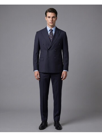 Lacivert Yünlü Sivri Yaka Kruvaze Regular Fit 6 Düğme Takım Elbise