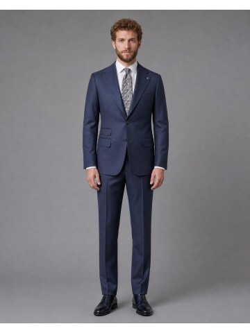 Mavi Çizgili Slim Fit Mono Yaka 2 Düğmeli Takım Elbise