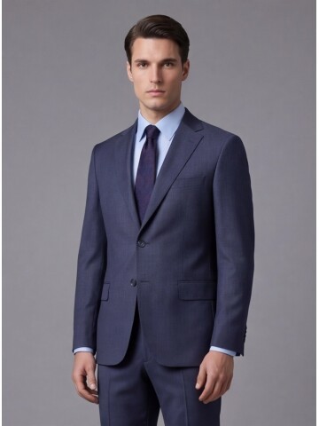 Mavi Çizgili Yünlü Mono Yaka Regular Fit 2 Düğme Takım Elbise