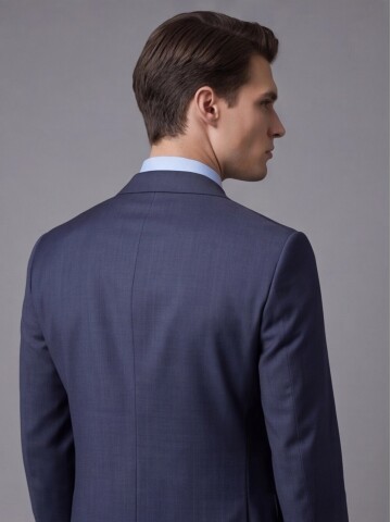 Mavi Çizgili Yünlü Mono Yaka Regular Fit 2 Düğme Takım Elbise