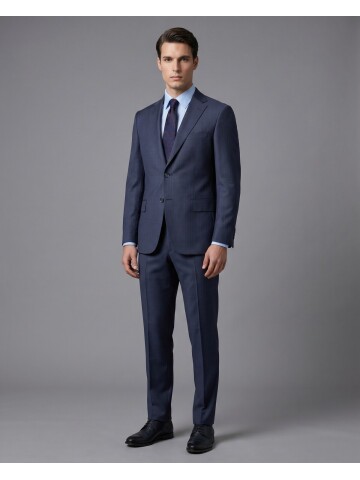 Mavi Çizgili Yünlü Mono Yaka Regular Fit 2 Düğme Takım Elbise