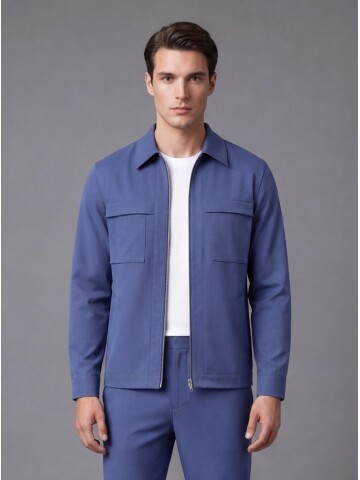 Blue Comfort Fit Zippered Safari Suit with Utility Pockets