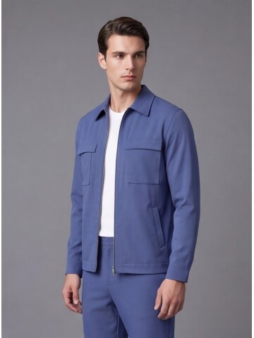 Blue Comfort Fit Zippered Safari Suit with Utility Pockets