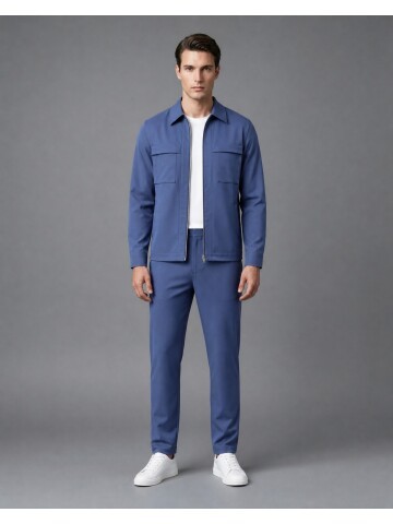 Blue Comfort Fit Zippered Safari Suit with Utility Pockets