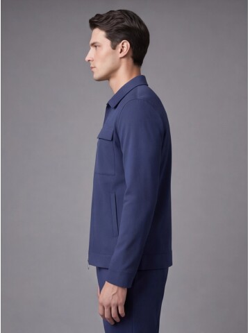 Blue Comfort Fit Zippered Safari Suit with Pockets