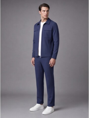 Blue Comfort Fit Zippered Safari Suit with Pockets