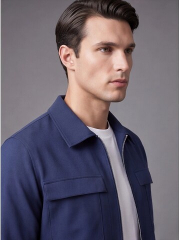 Blue Comfort Fit Zippered Safari Suit with Pockets