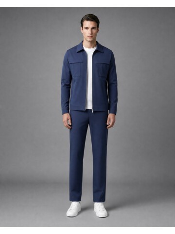 Blue Comfort Fit Zippered Safari Suit with Pockets