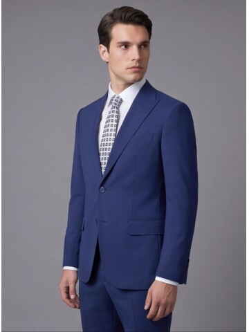 Mavi Sivri Yaka İki Düğmeli Slim Fit Takım Elbise