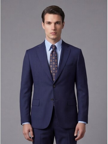 Mavi Yünlü Mono Yaka Regular Fit 2 Düğme Takım Elbise