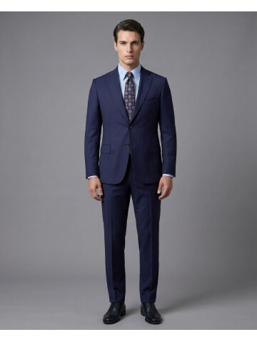 Mavi Yünlü Mono Yaka Regular Fit 2 Düğme Takım Elbise