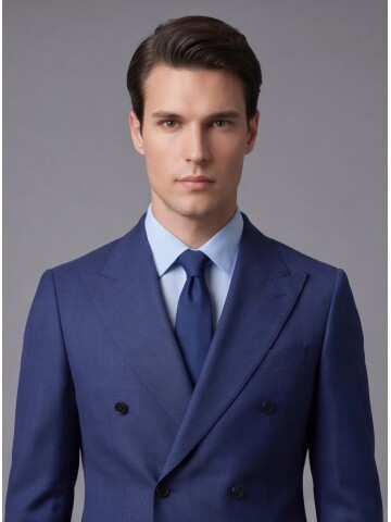 Mavi Yünlü Sivri Yaka Kruvaze Comfort Fit Takım Elbise