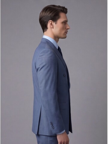 Mavi Yünlü Sivri Yaka Kruvaze Regular Fit 6 Düğme Takım Elbise