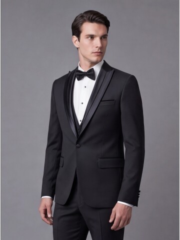 Siyah Çıkma Sivri Yaka Slim Fit Damatlık