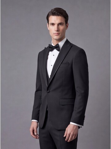 Siyah Çıkma Sivri Yaka Slim Fit Tek Düğme Damatlık
