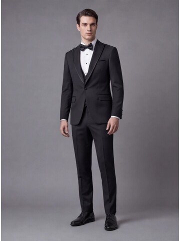 Siyah Çıkma Sivri Yaka Slim Fit Tek Düğme Damatlık