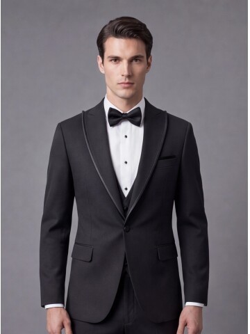 Siyah Çıkma Sivri Yaka Slim Fit Tek Düğme Damatlık