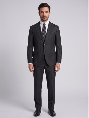 Siyah Çizgili Comfort Fit Mono Yaka Takım Elbise