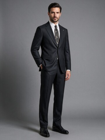 Siyah Çizgili Mono Yaka Comfort Fit 2 Düğme Takım Elbise