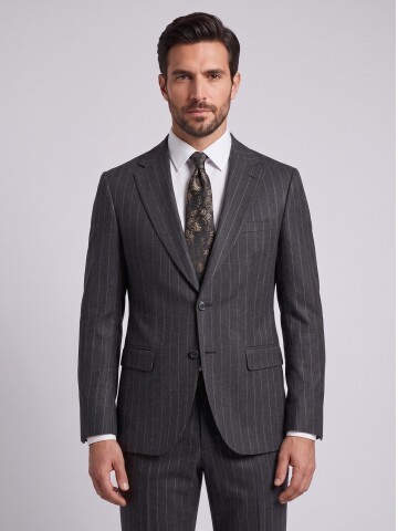 Black Striped Regular Fit Peak Lapel Suit