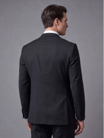 Siyah Çizgili Slim Fit Kruvaze Damatlık