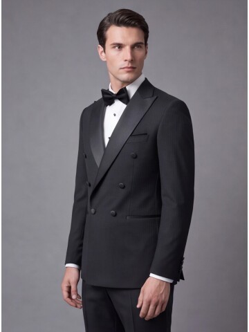 Siyah Çizgili Slim Fit Kruvaze Damatlık