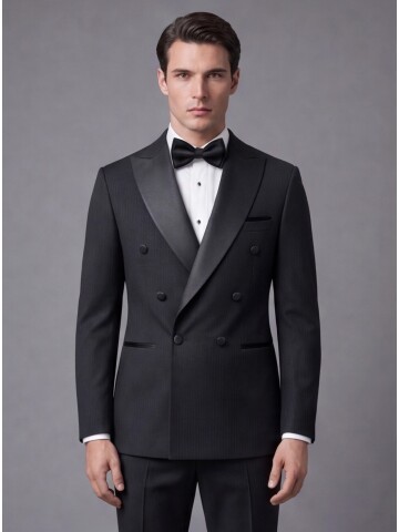 Siyah Çizgili Slim Fit Kruvaze Damatlık