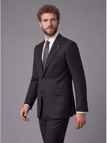 Siyah Çizgili Slim Fit Mono Yaka 2 Düğmeli Takım Elbise