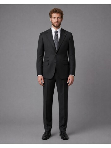 Siyah Çizgili Slim Fit Mono Yaka 2 Düğmeli Takım Elbise