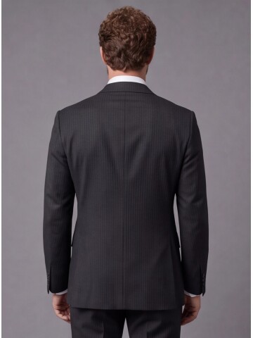 Siyah Çizgili Slim Fit Mono Yaka 2 Düğmeli Takım Elbise