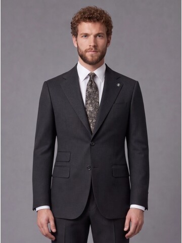 Siyah Çizgili Slim Fit Mono Yaka 2 Düğmeli Takım Elbise