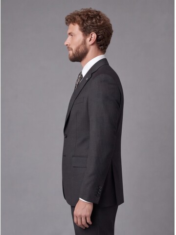 Siyah Çizgili Slim Fit Mono Yaka 2 Düğmeli Takım Elbise