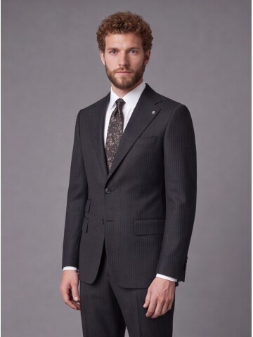 Siyah Çizgili Slim Fit Mono Yaka 2 Düğmeli Takım Elbise