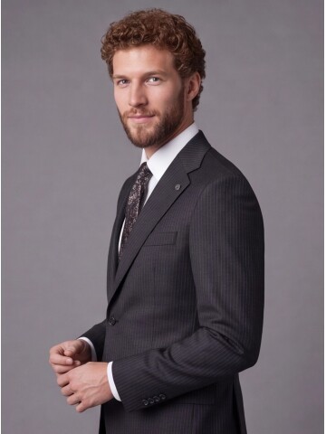 Siyah Çizgili Slim Fit Mono Yaka 2 Düğmeli Takım Elbise