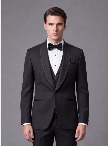 Siyah Çizgili Slim Fit Şal Yaka Tek Düğme Damatlık