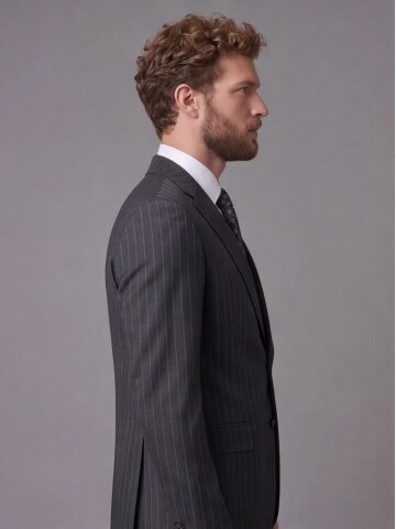 Siyah Çizgili Yünlü Mono Yaka Comfort Fit Takım Elbise
