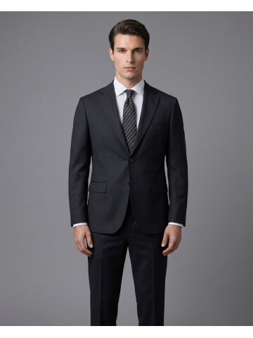 Siyah Çizgili Yünlü Mono Yaka Regular Fit 2 Düğme Takım Elbise