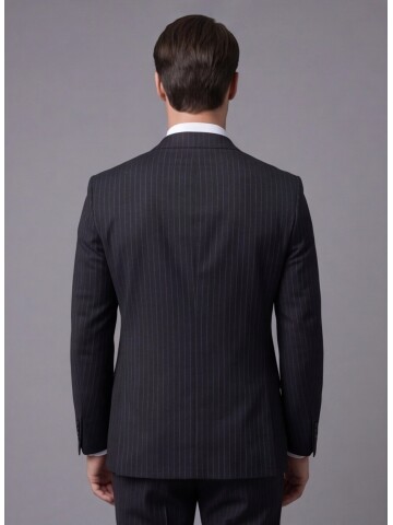 Siyah Çizgili Yünlü Mono Yaka Regular Fit 2 Düğme Takım Elbise