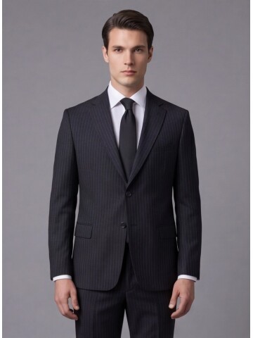 Siyah Çizgili Yünlü Mono Yaka Regular Fit 2 Düğme Takım Elbise